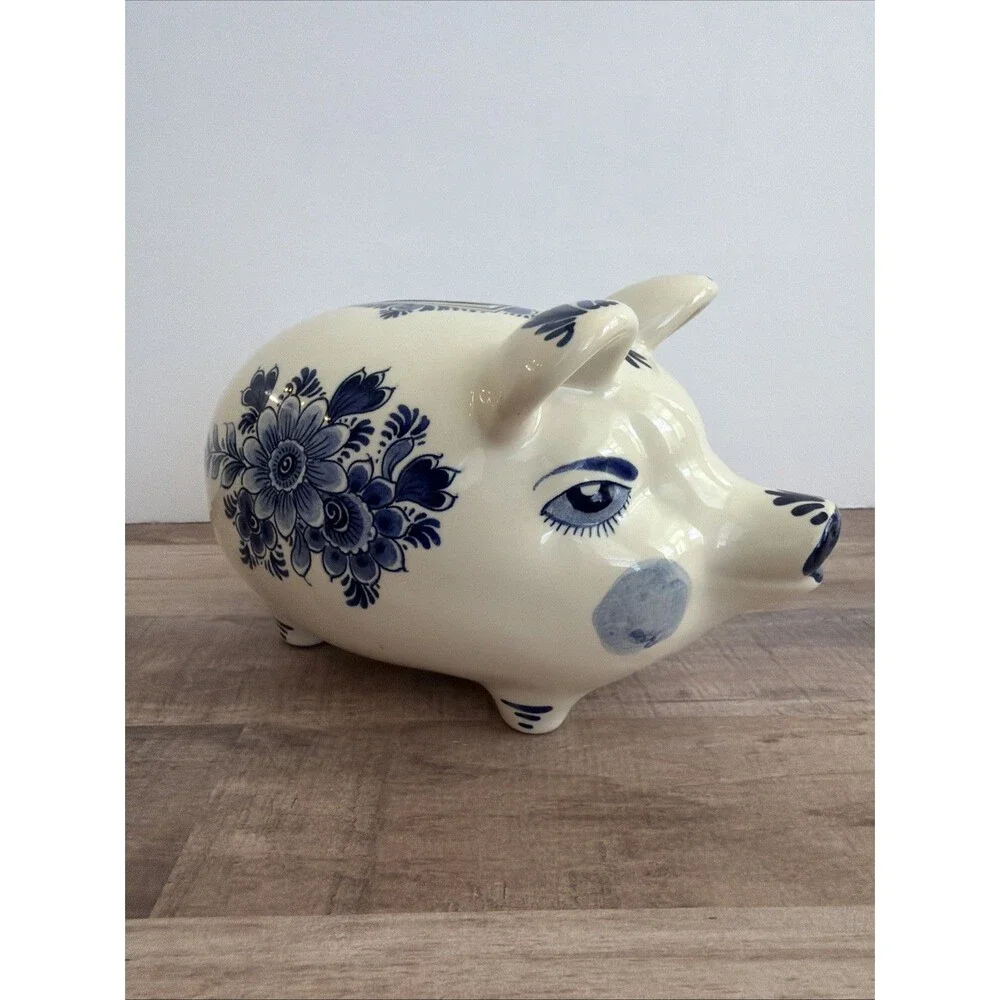 Delft Blue Holland Floral With Stopper Hand Painted Piggy / Coin Bank